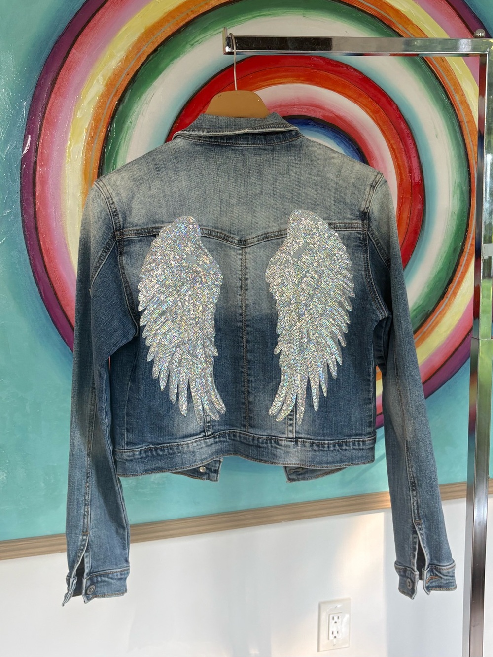 Sequin Angel Wing Embellished Denim Jacket Women’s M Distressed Trucker - Picture 3 of 7